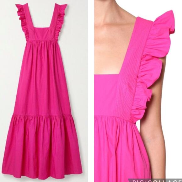 Self-Portrait Fuschia Cotton Poplin Maxi Dress Tiered Ruffle Long Sleeveless 2 - Picture 4 of 14